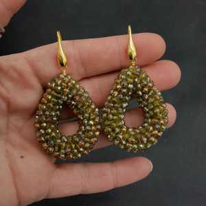 Gold plated earrings open drop of sprankling green crystals small