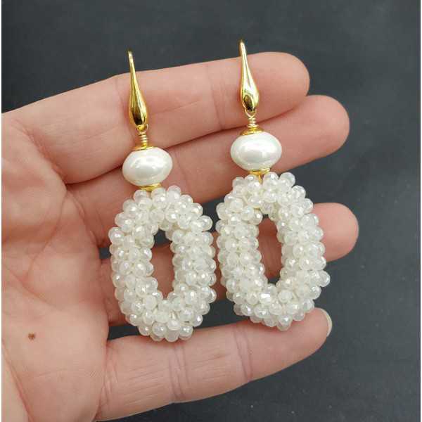 Vergoldete Ohrringe, Ovale Anhänger weißer Kristall und shell Perle