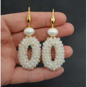 Vergoldete Ohrringe, Ovale Anhänger weißer Kristall und shell Perle