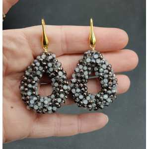 Gold plated earrings open drop of gray, black crystals small