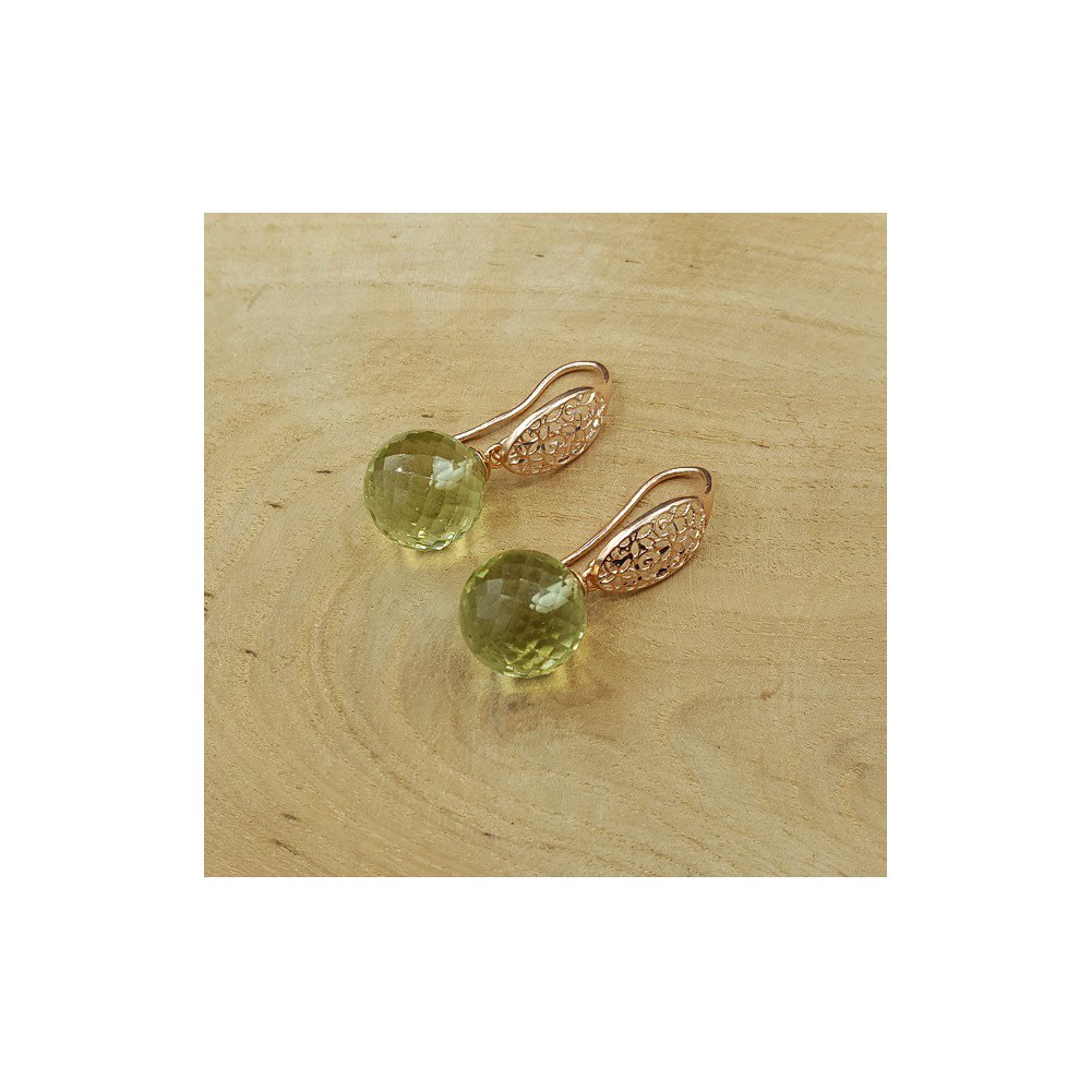 Earrings with large round green Amethyst quartz