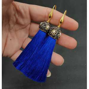 Gold plated blue tassel earrings with crystals and pearl
