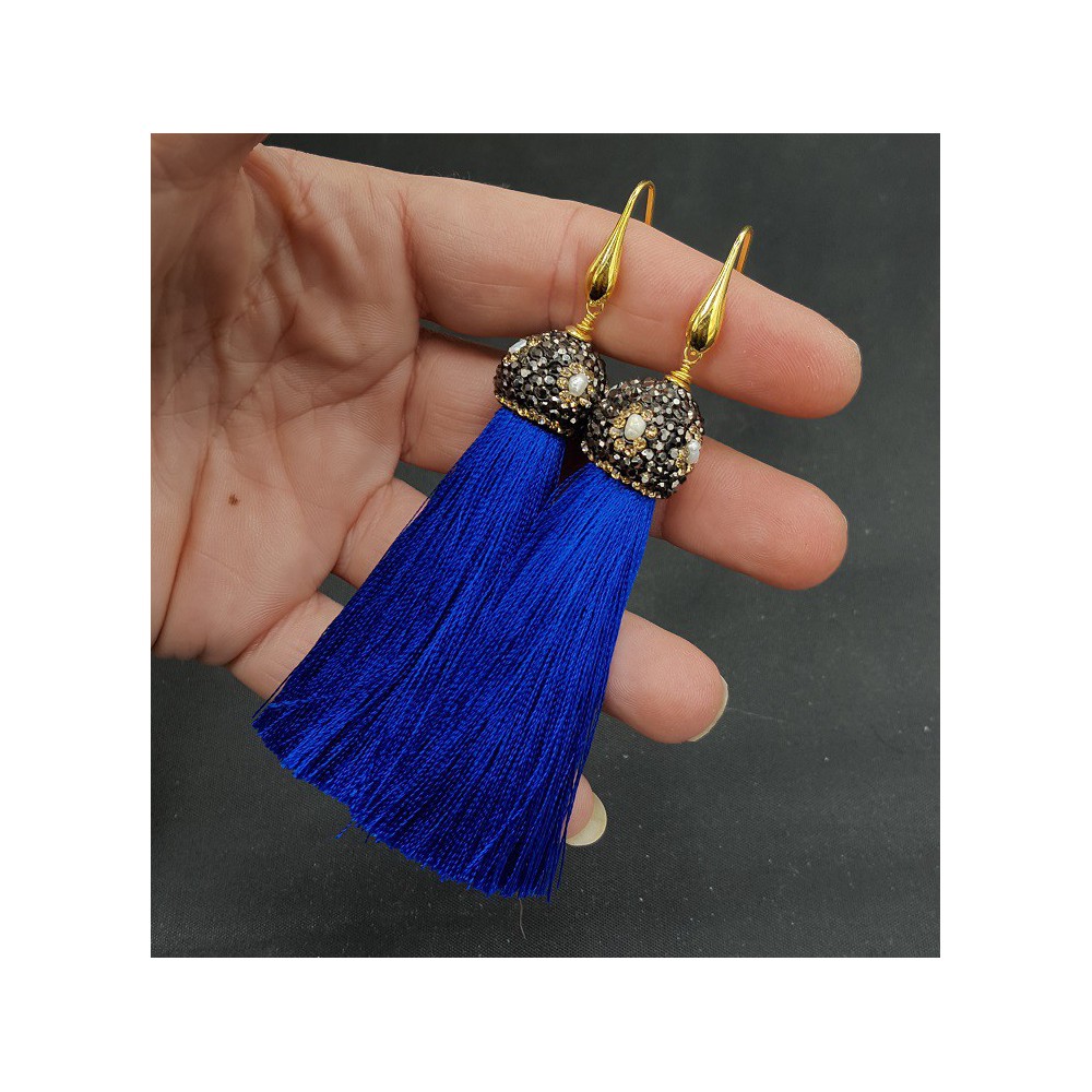 Gold plated blue tassel earrings with crystals and pearl