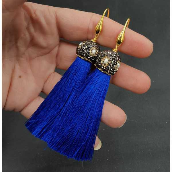 Gold plated blue tassel earrings with crystals and pearl