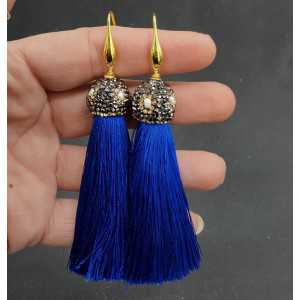 Goud vergulde blauwe tassel oorbellen met kristallen en parel