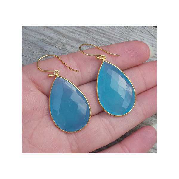 Gold plated earrings with large blue Chalcedony briolet 