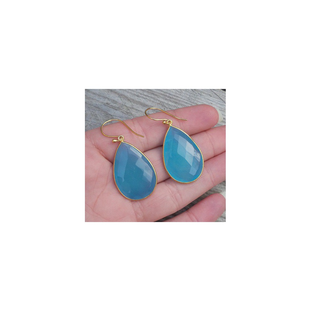 Gold plated earrings with large blue Chalcedony briolet 