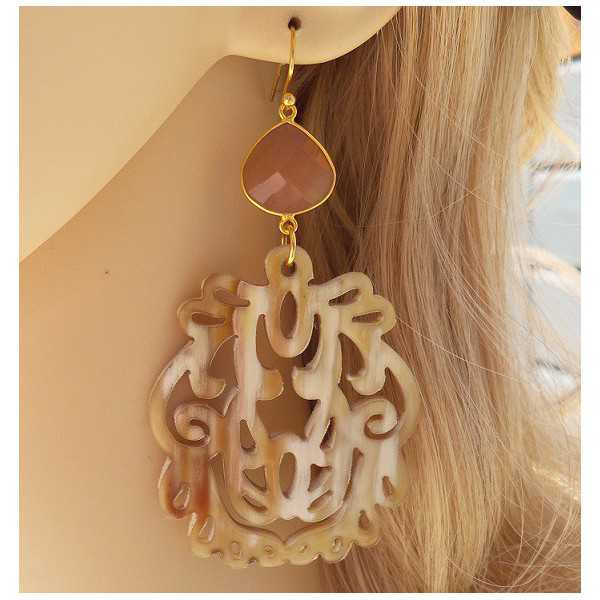 Gold plated earrings with peach Moonstone and buffalo horn