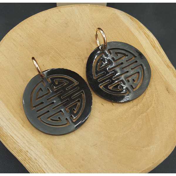 Creoles with round black buffalo horn pendant