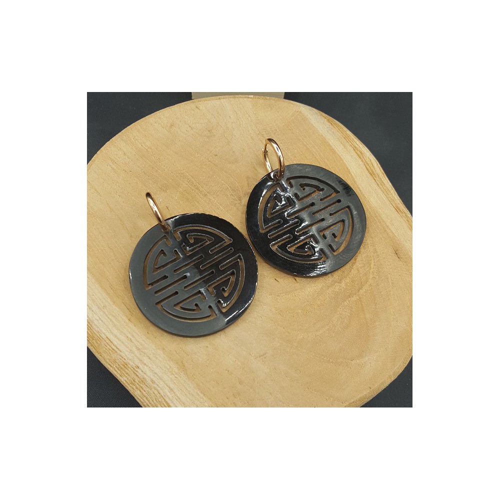 Creoles with round black buffalo horn pendant