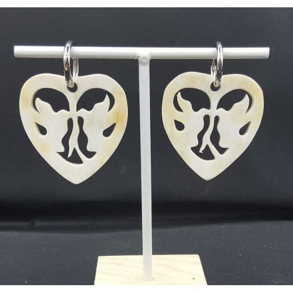 Creoles with heart with doves buffalo horn pendant