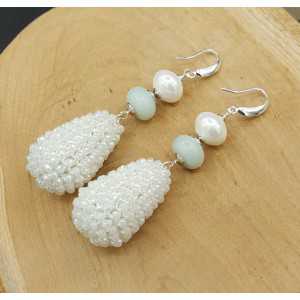 Silver earrings Amazonite Pearl drop of white crystals