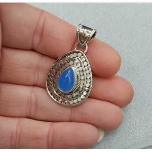 Silver pendant set with teardrop shaped blue Chalcedony