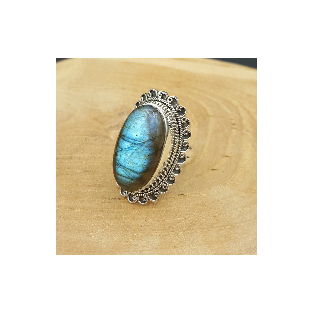 Silver ring with oval Labradorite and carved head 18 mm