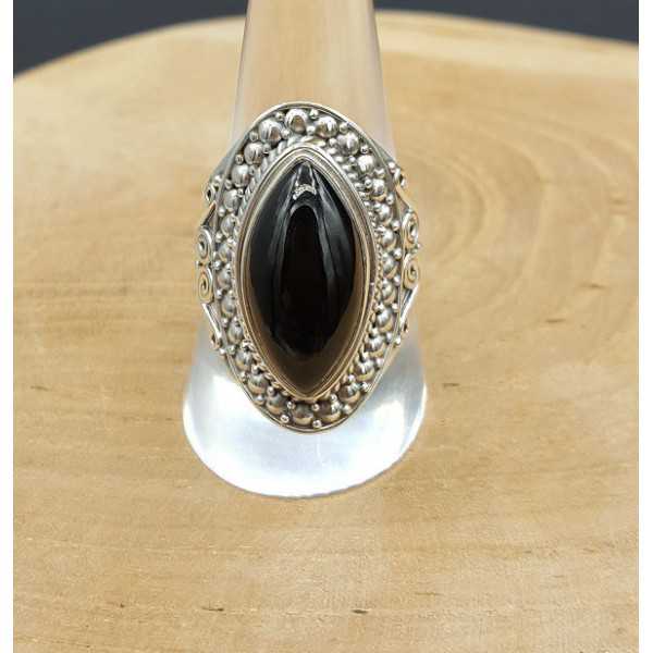 Silver ring set with marquise cabochon Onyx 19 mm