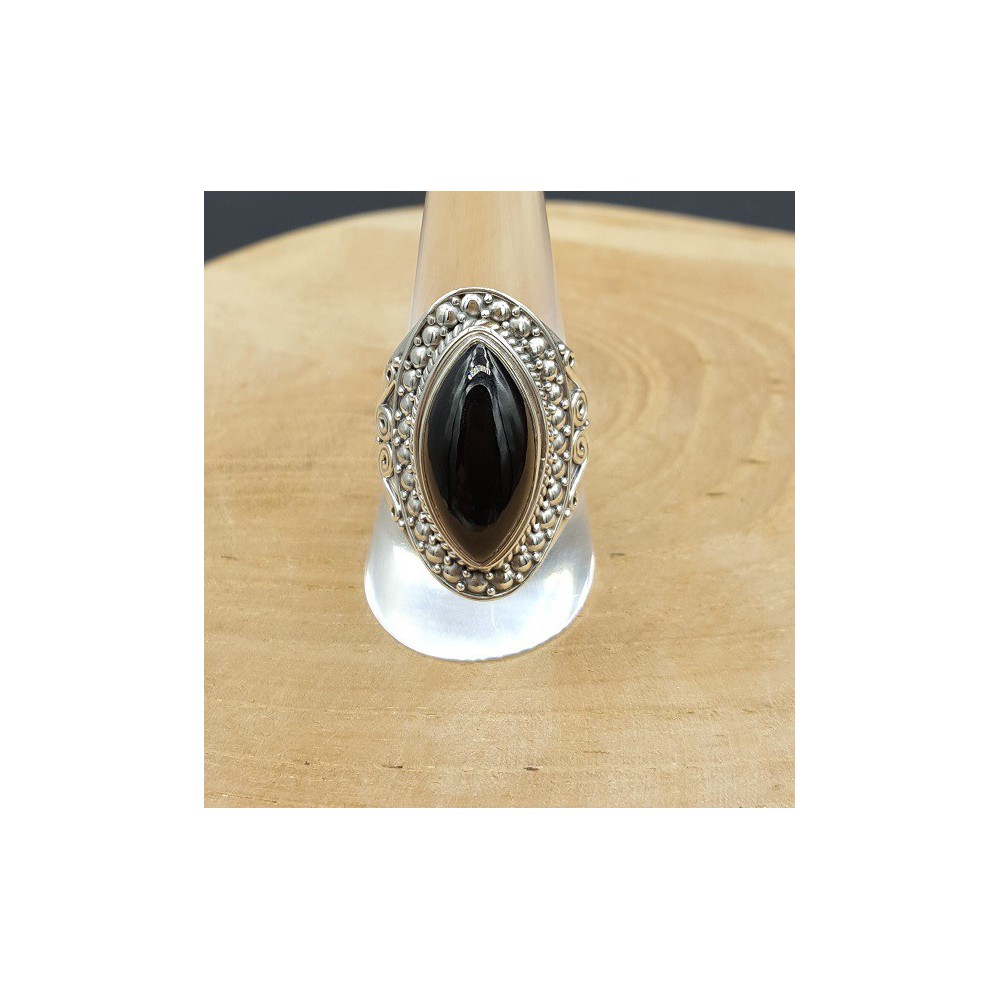 Silver ring set with marquise cabochon Onyx 19 mm