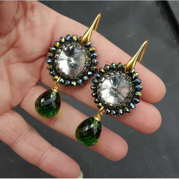 Gold plated earrings Peridot quartz and a pendant, silk thread and crystal