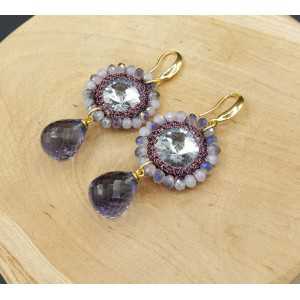 Gold plated earrings Amethyst, quartz and a pendant, silk thread and crystal