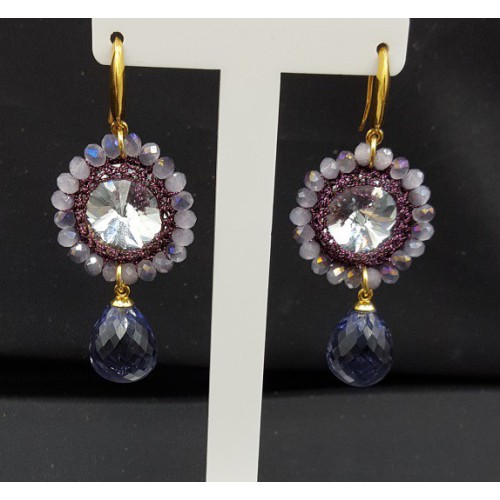 Goud vergulde oorbellen Amethist quartz en hanger van zijdedraad en kristal