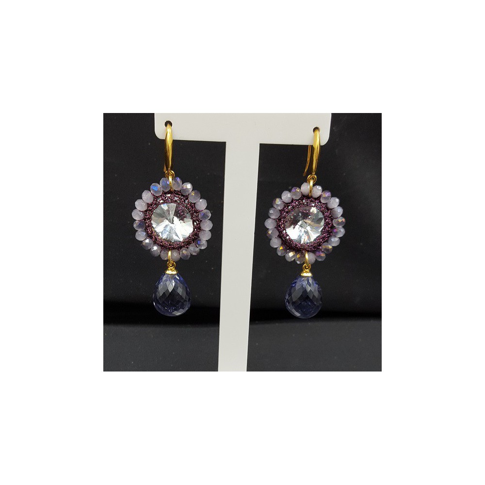 Gold plated earrings Amethyst, quartz and a pendant, silk thread and crystal