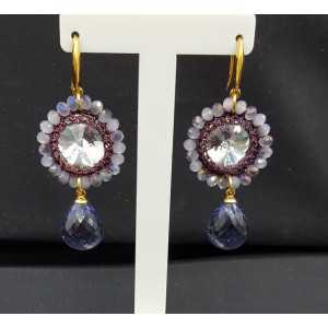 Gold plated earrings Amethyst, quartz and a pendant, silk thread and crystal