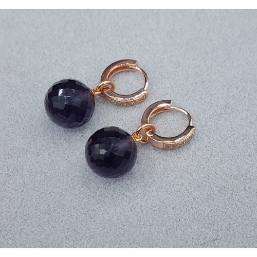 Rosé goud vergulde hanger en creolen met rond Amethist quartz