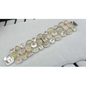 Silver wide bracelet set with its color and rose quartz