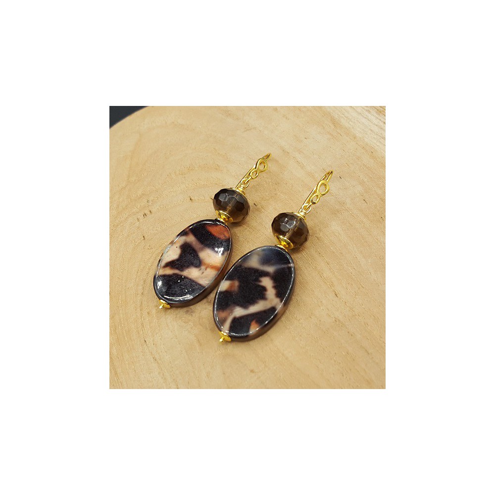 Gold plated earrings with Smokey Topaz and shell