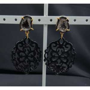 Gold plated earrings with black resin pendant and Agate geode 