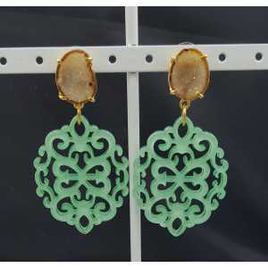 Gold plated earrings with mint green resin pendant and Agate geode 
