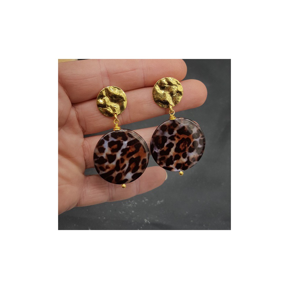 Goud vergulde oorbellen met ronde luipaard schelp