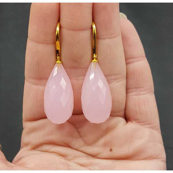 Gold plated earrings with large pink Chalcedony drop