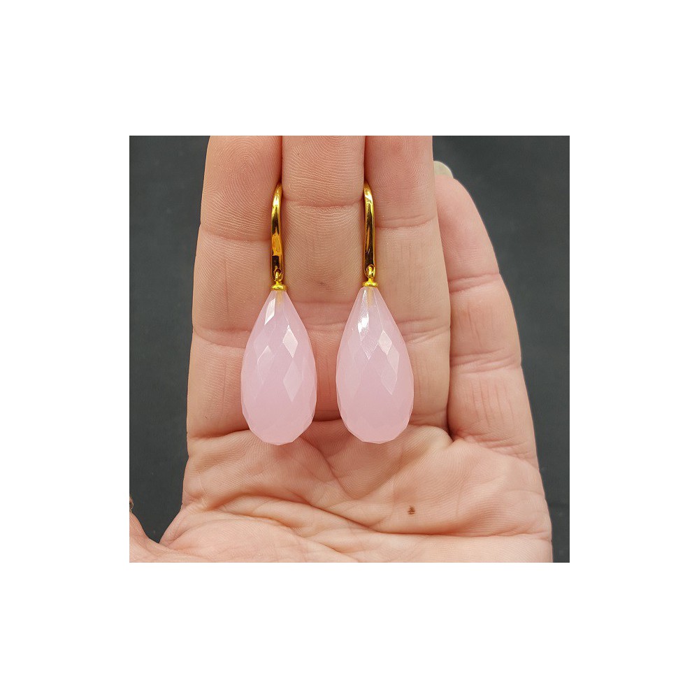 Gold plated earrings with large pink Chalcedony drop