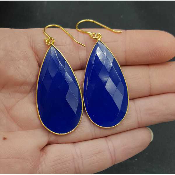 Gold plated earrings with large narrow cobalt blue Chalcedony