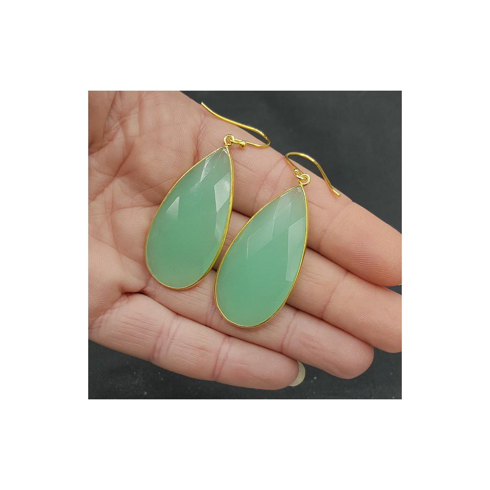 Gold plated earrings with large narrow aqua Chalcedony