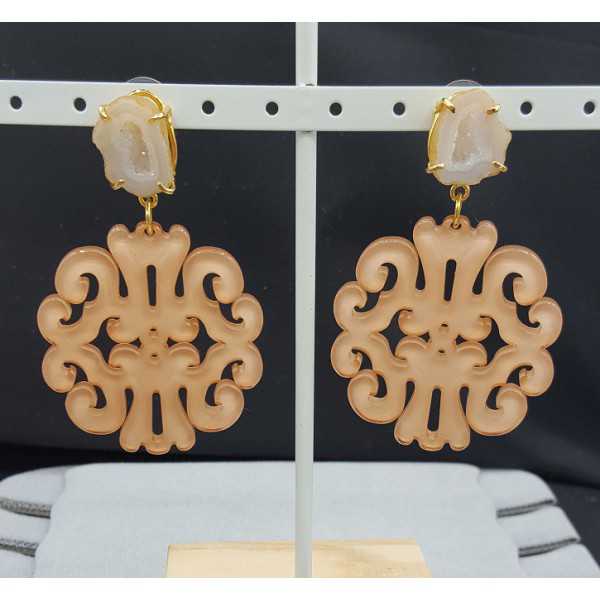 Gold plated earrings with salmon colored resin pendant and Agate geode 