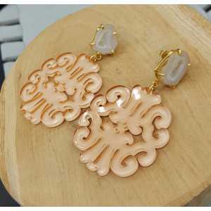 Gold plated earrings with salmon colored resin pendant and Agate geode 