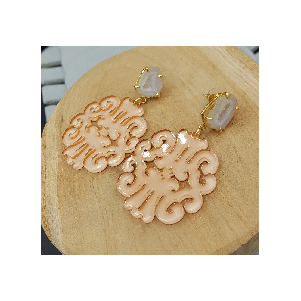 Gold plated earrings with salmon colored resin pendant and Agate geode 