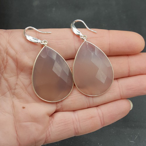 Zilveren oorbellen met grote grijze Chalcedoon