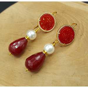 Gold plated earrings carved Jade Pearl and Jade briolet