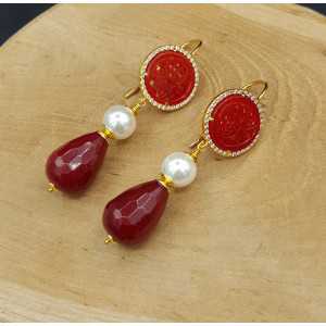 Gold plated earrings carved Jade Pearl and Jade briolet