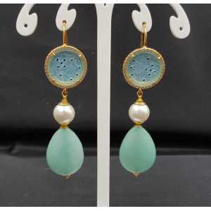 Gold plated earrings Pearl carved Jade and Jade briolet