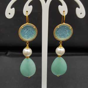 Gold plated earrings Pearl carved Jade and Jade briolet