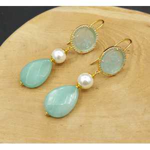 Vergoldete Ohrringe Perle geschnitzt, Jade-und Jade-briolet