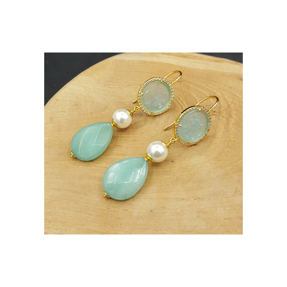 Gold plated earrings Pearl carved Jade and Jade briolet