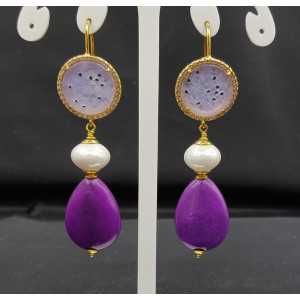 Gold plated earrings Pearl carved Jade and purple Jade briolet