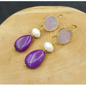 Gold plated earrings Pearl carved Jade and purple Jade briolet