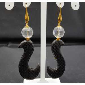 Oorbellen met Bergkristal en zwarte hanger van Slangenleer