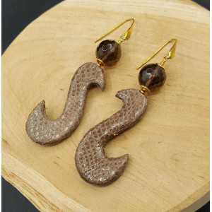 Earrings with Smokey Topaz and brown pendant of Snakeskin