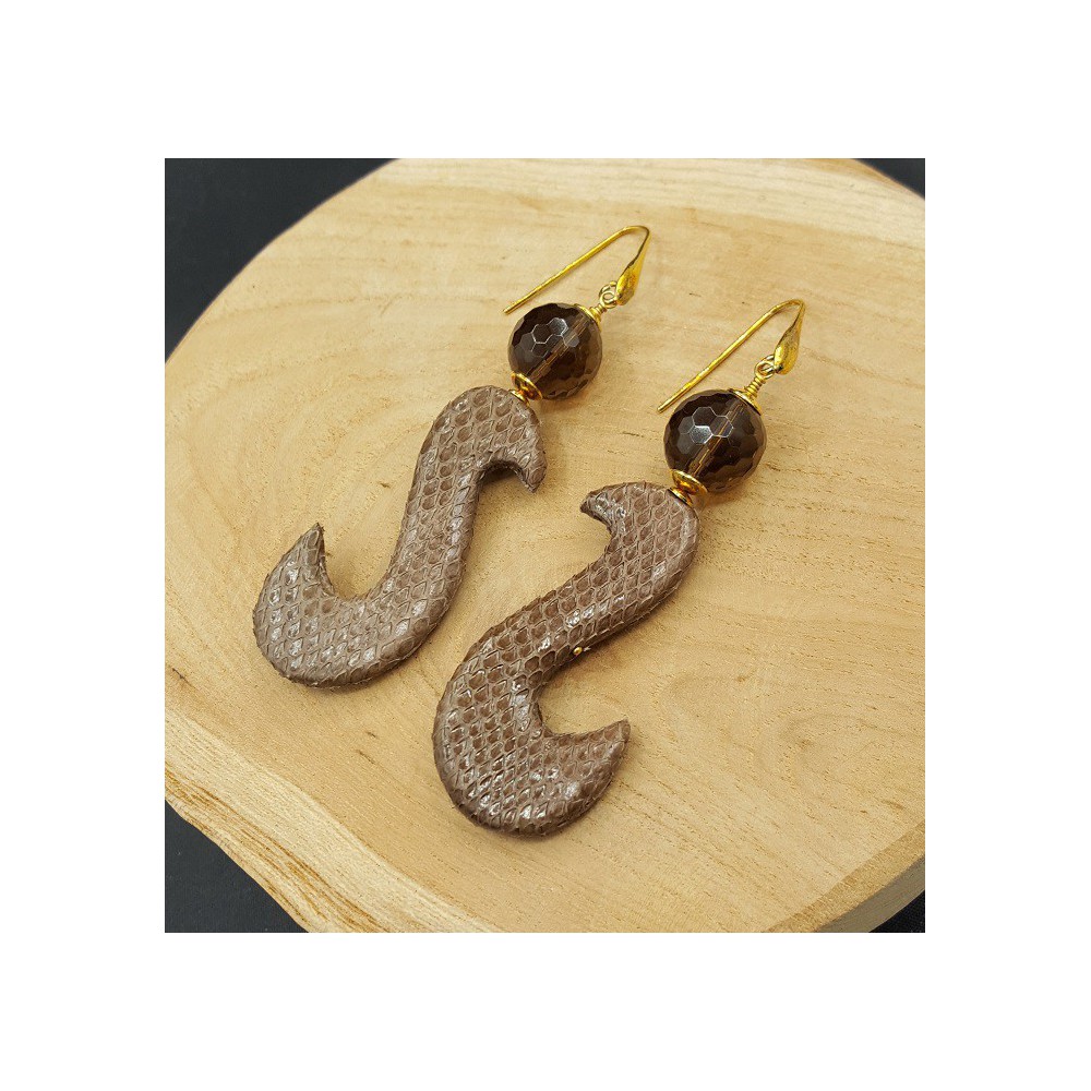 Earrings with Smokey Topaz and brown pendant of Snakeskin